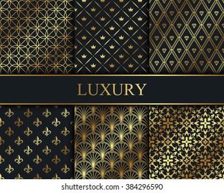 Set of vector seamless gold patterns. Luxury wallpapers collection.