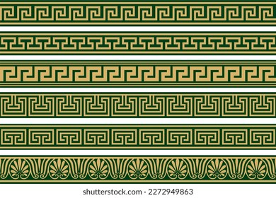 Set of vector seamless greek classic ornament. Pattern for a border and a frame. Ancient Greece and the Roman Empire. Endless gold with green meander.
