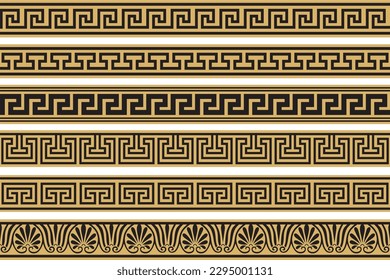 Set of vector seamless greek classic ornament. Pattern for a border and a frame. Ancient Greece and the Roman Empire. Endless golden with black meander.
