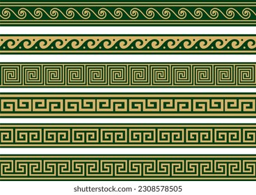 Conjunto de ornamentos clásicos griegos sin fisuras vectoriales. Patrón para un borde y un marco. La Grecia antigua y el Imperio Romano. Oro infinito con un serpentín verde.
