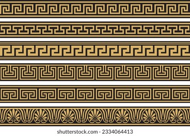 Set of vector seamless greek classic ornament. Pattern for a border and a frame. Ancient Greece and the Roman Empire. Endless golden with black meander.
