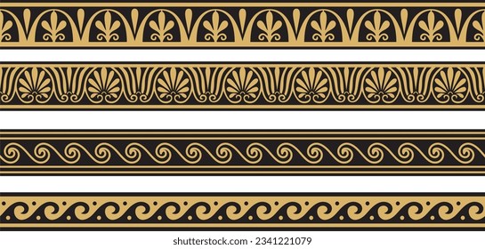 Conjunto de ornamentos clásicos griegos sin fisuras vectoriales. Patrón para un borde y un marco. La Grecia antigua y el Imperio Romano. Oro infinito con un serpentín negro.

