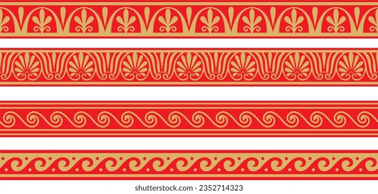 Set of vector seamless greek classic ornament. Pattern for a border and a frame. Ancient Greece and the Roman Empire. Endless gold with red meander.
