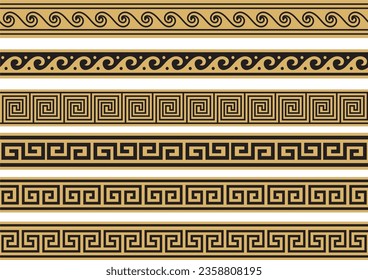 Set of vector seamless greek classic ornament. Pattern for a border and a frame. Ancient Greece and the Roman Empire. Endless golden with black meander.
