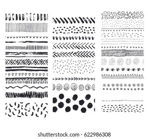 Set of vector seamless hand drawn ink textures. It can be used for simple and creative striped seamless patterns. Collection of  handwritten brushes.