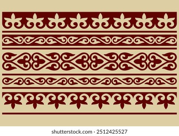 Set of vector seamless Kazakh national ornament. Ethnic pattern of the nomadic peoples of the great steppe, the Turks. Border, frame Kazakh, Turks, Mongols, Kyrgyz, Buryats, Kalmyks.