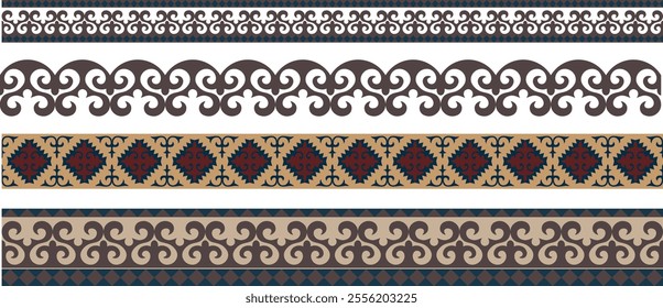 Set of vector seamless Kazakh national ornament. Ethnic Turks pattern of the nomadic peoples of the great steppe, the Turks. Details and elements for design, postcards, border, frame, Mongols, Kyrgyz