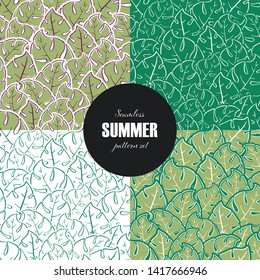 Set of vector seamless leaf pattern template. 4 pretty close placed green forest leaves isolated on different color background. Flora tile design for textile, cloth, wrapping paper, web, print, fabric