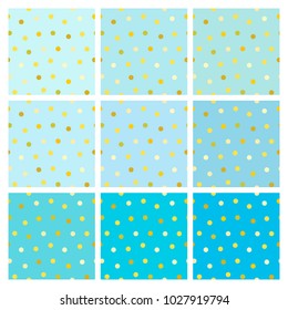 Set of vector seamless light blue backgrounds with shiny Golden round dots. A collection of endless simple patterns in shades of cornflower blue, turquoise and delicate soft blue. 
