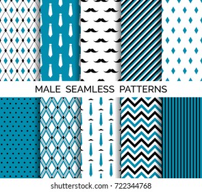 Set of vector seamless male patterns. Wrapping paper, wallpaper, fashion print design. Mustaches, neckties, chevron, polka dot, rhombus