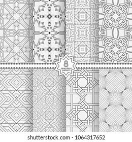 Set of vector seamless models. Infinitely repeating geometrical elements. Monochrome, simple. Wall-paper for the press.