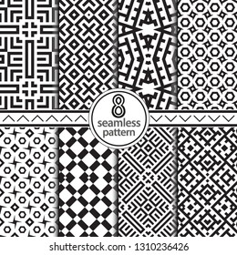 Set of vector seamless models. Infinitely repeating geometrical elements. Monochrome, simple. Wall-paper for the press. Vector graphics.