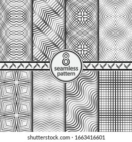 Set of vector seamless models. Infinitely repeating geometrical elements. Monochrome, simple. Wall-paper for the press. Vector graphics.