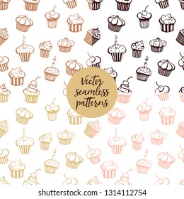 set of vector seamless muffin patterns, hand-drawn in naive style