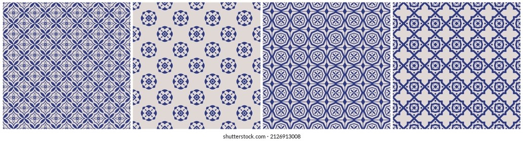Conjunto de patrones geométricos ornamentales sin costura vectorial - texturas azules y grises. Vectores de fondo elegante repetible