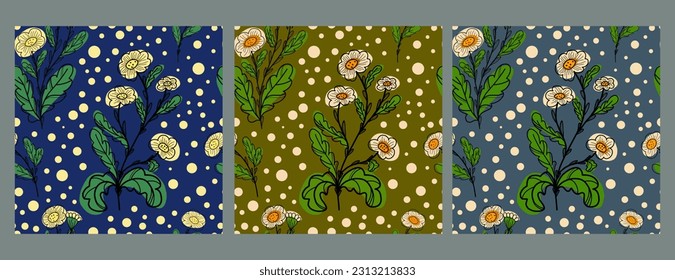Set vector seamless pattern. Abstract funny colored daisies in doodle style. For design, print, wallpaper, textile, fabric, paper.