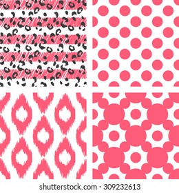 Set of vector seamless pattern. Abstract geometric background for fabric, ikat, leopard, polka and line print or wrapping paper. Coral light on white