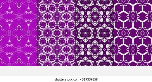 set of Vector seamless pattern with abstract floral and leave style. Repeating sample figure and line. purple color. For modern interiors design, wallpaper, textile industry