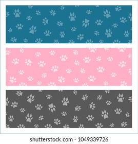 Set Vector seamless pattern and background with icons footprint to cat and dog - abstract background for pet shop websites and prints. Light marks on a colorful background.