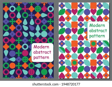 Set of vector seamless pattern or background. Modern geometric posters with abstract shapes Contemporarry fabric prints, wallpapers. Heart shape, circle, square, blob, flower and clover leaf. EPS10