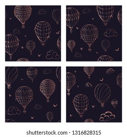 Set of vector seamless pattern with balloons in monochrome colors. Many differently colored striped air balloons flying in the clouded sky. Clouds and birds soaring in the sky. Travel and vacation. 