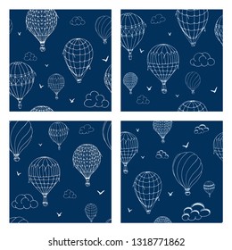 Set of vector seamless pattern with balloons in monochrome colors. Many differently colored striped air balloons flying in the clouded sky. Clouds and birds soaring in the sky. Travel and vacation. 