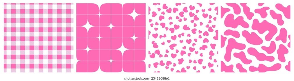 Set of Vector Seamless Pattern in Barbiecore Style. Pink Backgrounds with Checkers, Stars, Hearts and Abstract Geometric Shapes. Y2k Barbie Textures.