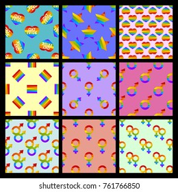 Set of Vector seamless pattern with bright Pride lgbt rainbow color heart Male and female symbol