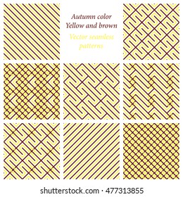 Set of vector seamless pattern. Brown and yellow colors. Che?kered and diagonal background. Autumn color