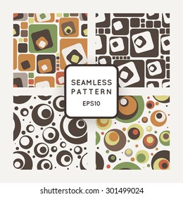 Set of vector seamless pattern of colored circles and squares in retro-style