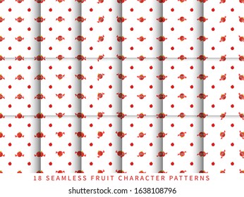 Set of vector seamless pattern with cute cartoon apple vegetables characters isolated on white background