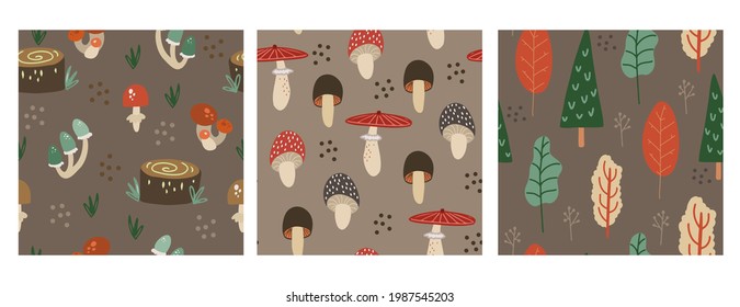 Set of vector seamless pattern cute doodle mushrooms and forest