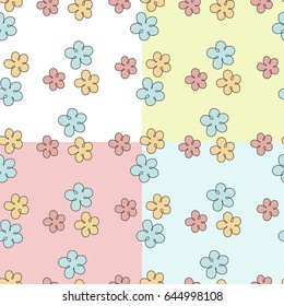 Set of vector seamless pattern with cute flowers.