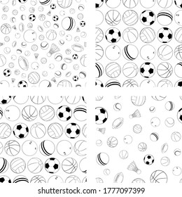 Set of Vector seamless pattern with different Sports balls. Flat vector illustration for web design, logo, icon, app, UI. Isolated stock illustration on white.