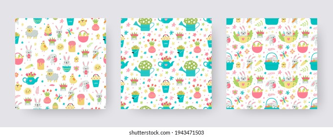 Set of vector seamless pattern for Easter with rabbits and eggs and spring designs.