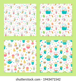Ensemble d'images vectorielles motif harmonieux de Pâques avec des lapins et des oeufs et des motifs printaniers.