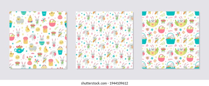 Set of vector seamless pattern for Easter and spring designs with rabbits and eggs