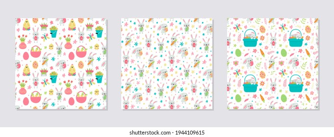 Set of vector seamless pattern for Easter and spring designs with rabbits and eggs