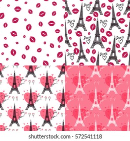 Set Vector seamless pattern. Eiffel tower and kiss. Isolated on white background and pink backdrop . Concept of romantic Paris. Valentine's Day.