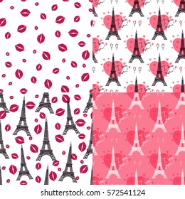 Set Vector seamless pattern. Eiffel tower and kiss. Isolated on white background and pink backdrop . Concept of romantic Paris. Valentine's Day.