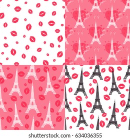 Set Vector seamless pattern. Eiffel tower and kiss. Isolated on white background and pink backdrop . Concept of romantic Paris. Valentine's Day.