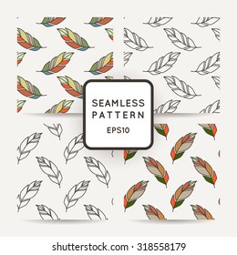 Set of vector seamless pattern of feathers. Doodle. Zentangle