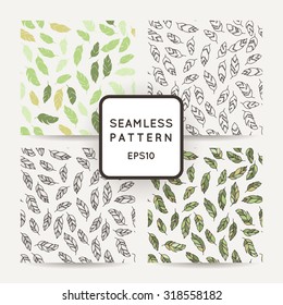 Set of vector seamless pattern of feathers. Doodle. Zentangle