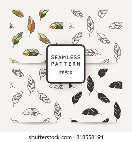 Set of vector seamless pattern of feathers. Doodle. Zentangle