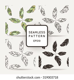 Set of vector seamless pattern of feathers. Doodle. Zentangle