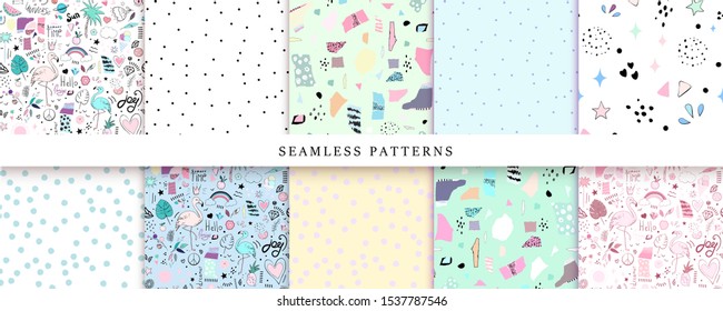 Set of vector seamless pattern with flamingo. Fashion design with graphic hand drawn elements. 
