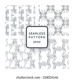 Set of vector seamless pattern with floral motifs, twisted vines. Vintage. Baroque, Rococo.