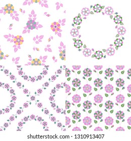 Set of vector seamless pattern with  flowers and leaves for fabric, textile, wrapping paper, card, invitation, wallpaper, web design, background. 