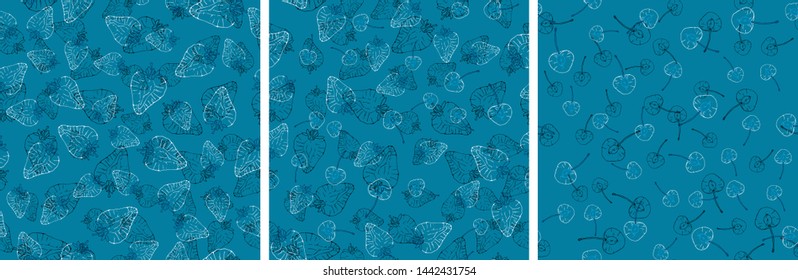 Set of vector seamless pattern with fruit slices. Cherries and strawberries on a blue background