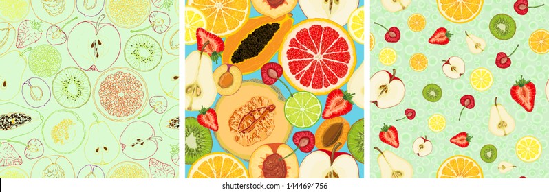 Set of vector seamless pattern with fruit slices. Apple, pear, peach, apricot, plum, cherry, kiwi, papaya, orange, lemon, lime, grapefruit, melon, strawberry on a blue background